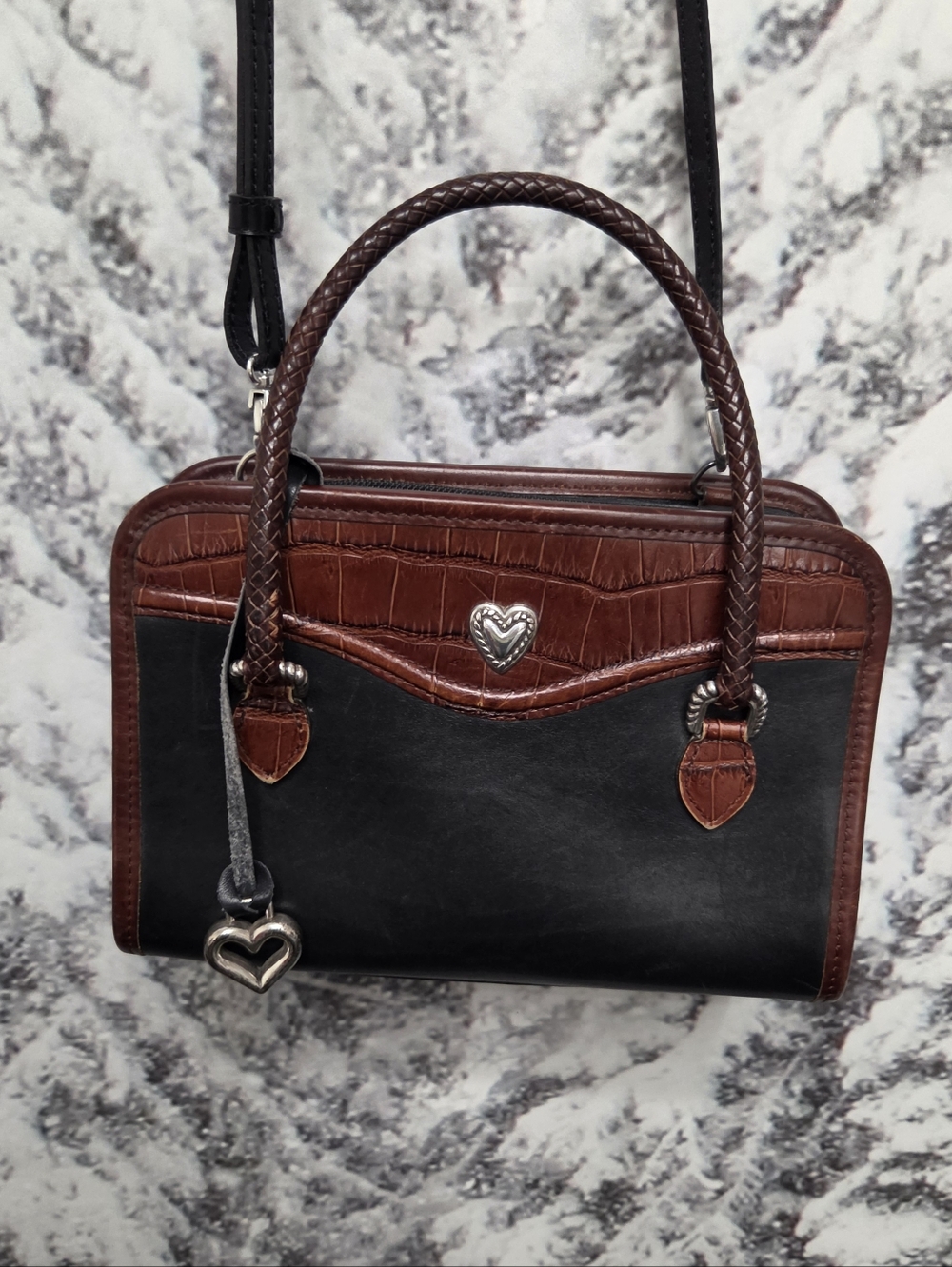 Brighton Vintage Doctors Satchel, Brown Black Croc Print, Removable Cross Strap